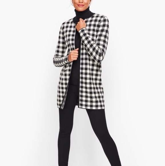 Talbots buffalo check plaid white black sweater jacket cardigan sz 3X wool blend - Picture 1 of 6